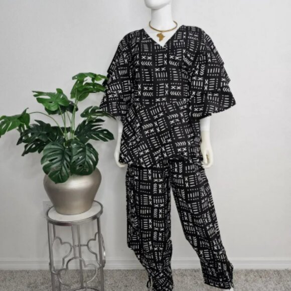 African Print Harem Pants Set / Wrap Blouse Ruffle Sleeves / Headwrap 3 Piece Se - Picture 6 of 9